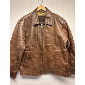 Andrew Marc New York Full Zip Jacket Brown Distressed Leather Lined Men's Large